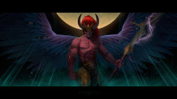  1boy abs absurdres ancient_egyptian_hat armor blade_of_ahn-nunurta buckle closed_mouth colored_skin commentary english_commentary eyes_in_wings feathered_wings gem gold_armor highres horns khopesh leg_armor magic magnus_the_red male_focus missing_eye moon moon_behind_head muscular muscular_male orange_eyes ornate_armor ozornin power_armor primarch purple_wings red_gemstone red_hair red_skin spread_wings the_crown_of_the_crimson_king thousand_sons topless_male veins warhammer_40k wings yellow_eyes 