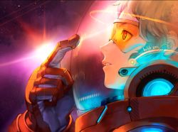 androgynous astronaut bad_id bad_pixiv_id brown_hair cropped gender_request gloves gradient_background helmet highres marvella_aurelie original patipat_asavasena science_fiction short_hair solo space spacesuit star_(sky) upper_body 