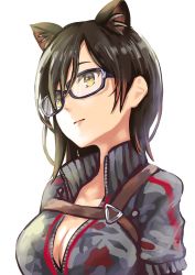 1girl animal_ear_fluff animal_ears breast_strap breasts brown_hair cat_ears cleavage collarbone from_side glasses hair_behind_ear highres hololive jacket looking_up medium_breasts medium_hair open_clothes open_jacket roboco-san roboco-san_(1st_costume) shorue solo upper_body virtual_youtuber yellow_eyes rating:Sensitive score:8 user:danbooru