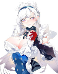  1girl azur_lane belfast_(azur_lane) braid breasts broken broken_chain buttons chain cleavage double-breasted french_braid frilled_gloves frills gloves highres large_breasts long_hair looking_away looking_to_the_side maid_headdress purple_eyes rai_(97417) red_gloves simple_background solo underbust upper_body very_long_hair white_background white_hair  rating:Sensitive score:8 user:danbooru