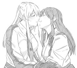 10s 2girls akagi_(kancolle) arm_grab blush commentary_request couple cross closed_eyes female_focus gloves graf_zeppelin_(kancolle) greyscale hair_between_eyes half-closed_eyes hand_on_another&#039;s_cheek hand_on_another&#039;s_face imminent_kiss iron_cross japanese_clothes kantai_collection kimono kurozu_(hckr_96) long_hair long_sleeves looking_at_another military military_uniform monochrome multiple_girls neck necktie parted_lips sidelocks simple_background sweatdrop tasuki twintails uniform upper_body white_background yuri rating:Sensitive score:8 user:danbooru