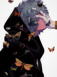  1boy blue_hair boku_no_hero_academia bug butterfly covered_mouth grey_background hood hoodie insect male_focus moth nekodou_(yukatin1000) red_eyes shigaraki_tomura short_hair simple_background solo  rating:Sensitive score:5 user:Hypersexual