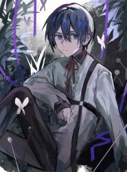  1boy 25-ji_kaito black_pants blue_eyes blue_hair bug butterfly closed_mouth collared_shirt hair_between_eyes harness highres insect kaito_(vocaloid) long_sleeves male_focus neck_ribbon nidu_(2du_du) pants red_ribbon ribbon shirt short_hair solo vocaloid white_shirt 