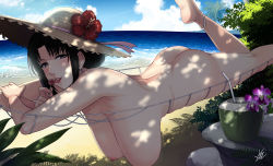  1girl ass beach breasts candy cloud earrings flower food hammock hanging_breasts hat highres jewelry large_breasts licking lollipop looking_at_viewer lying nipples nude nush_(xter) ocean on_stomach original outdoors sand shadow sky solo tongue tongue_out water xter  rating:Questionable score:130 user:Hmsmm