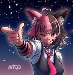 1girl affternido animal_ears arm_up artist_name black_collar black_hair black_nails black_sweater breasts cat_ears cat_girl collar detached_sleeves eyebrows eyelashes female_focus fingernails grin index_finger_raised indie_virtual_youtuber large_breasts lips long_fingernails looking_at_viewer medium_hair multicolored_hair necktie night night_sky one_eye_closed pink_eyes pink_hair pink_necktie pink_sleeves pointing pointing_at_viewer purple_sleeves shirt short_sleeves sky sleeveless sleeveless_sweater smile solo spiked_collar spikes split-color_hair striped_clothes striped_sleeves suwie_(vtuber) suwie_(vtuber)_(new) sweater teeth two-tone_hair two-tone_sleeves upper_body virtual_youtuber watermark white_shirt wink