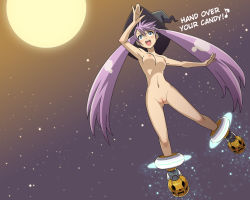 1girl blue_eyes boots breasts face flying full_moon gradient_background haganemaru_kennosuke halloween hard-translated hat moon night night_sky nude original pumpkin purple_hair pussy short_twintails sky solo third-party_edit translated twintails uncensored witch_hat rating:Explicit score:13 user:StolenTranslations