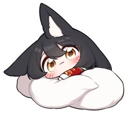  1girl :3 ahri_(league_of_legends) animal_ear_fluff animal_ears black_hair blush chibi facial_mark fox_ears fox_girl fox_tail highres kitsune korean_clothes kyuubi league_of_legends looking_at_viewer multiple_tails solo tail tail_pillow whisker_markings white_hair yabby yellow_eyes 