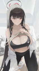  1girl alternate_costume bare_shoulders bent_over black_hair black_halo black_pants black_sports_bra blue_archive breasts bright_pupils camisole cleavage closed_mouth collarbone grey_camisole halo highres indoors large_breasts long_hair looking_at_viewer navel off_shoulder open_clothes open_shirt pants pray_(furei) red_eyes rio_(blue_archive) shirt solo sports_bra stomach white_pupils white_shirt 
