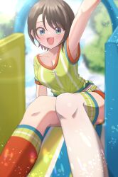  1girl blue_eyes brown_hair hand_up hashira_14 highres hololive looking_at_viewer oozora_subaru open_mouth shirt short_hair short_sleeves smile solo striped_clothes striped_shirt vertical-striped_clothes vertical-striped_shirt virtual_youtuber  rating:Sensitive score:13 user:victusr34