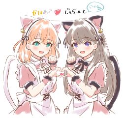  2girls :d alternate_costume animal_ears apron aqua_eyes bell black_ribbon black_wrist_cuffs blush brown_hair cat_day cat_ears cat_tail commentary cropped_torso crossed_bangs dress enmaided fake_animal_ears fake_tail frilled_cuffs fujishima_megumi group_name hair_bell hair_ornament heart heart_hands heart_hands_duo heart_in_heart_hands highres hinoshita_kaho link!_like!_love_live! long_hair looking_at_viewer love_live! maid maid_headdress medium_hair multiple_girls neck_ribbon nyan open_mouth orange_hair paw_pose paw_print pink_dress pink_wrist_cuffs puffy_short_sleeves puffy_sleeves purple_eyes ribbon short_sleeves simple_background sketch smile tail translation_request two_side_up virtual_youtuber white_apron white_background white_ribbon wrist_cuffs yutuki_ame 