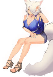  1girl animal_ear_fluff animal_ears arknights belt black_belt black_choker blue_dress blue_nails breasts cat_ears cat_girl cat_tail choker cleavage closed_mouth collarbone commentary denim denim_shorts distr dress hair_over_one_eye high_heels highres large_breasts legs long_hair looking_at_viewer nail_polish navel official_alternate_costume one_eye_covered sandals santalla_(arknights) santalla_(holiday)_(arknights) shorts simple_background solo tail toenail_polish toenails torn_clothes torn_shorts white_background white_belt white_hair white_tail wide_sleeves yellow_eyes  rating:Sensitive score:6 user:danbooru