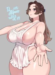  1girl agawa_ryou apron artist_name breasts brown_hair curvy grey_background large_breasts long_hair naked_apron nipple_slip nipples original sideboob simple_background solo thick_thighs thighs wide_hips  rating:Questionable score:124 user:danbooru