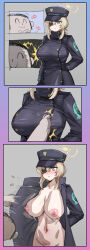  1boy 1girl arm_behind_back black_gloves black_hat black_jacket blonde_hair blue_archive blue_eyes bouncing_breasts bow_(bhp) breasts buttons closed_mouth commentary_request doodle_sensei_(blue_archive) double-breasted eyepatch gloves grey_background groin halo hat highres jacket large_breasts long_sleeves motion_lines navel nipples nude open_clothes open_jacket out-of-frame_censoring sensei_(blue_archive) short_hair solo_focus suou_(blue_archive) yellow_halo 