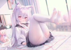 1girl animal_ear_fluff animal_ears ass black_sailor_collar blush book chen_bin copyright_request curtains feet female_focus foot_focus full_body hair_between_eyes highres indoors legs loli long_hair miniskirt no_shoes on_bed panties panties_under_pantyhose pantyhose parted_lips presenting_foot red_eyes revision sailor_collar shirt skirt soles solo stuffed_animal stuffed_toy teddy_bear toes twintails underwear white_hair white_pantyhose white_shirt rating:Questionable score:131 user:danbooru