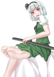  1girl absurdres artist_request bare_legs barefoot blush cookie_(touhou) crying crying_with_eyes_open cum cum_on_body cum_on_feet cum_on_lower_body eska_(cookie) feet foot_focus hair_ornament hair_ribbon hairband highres katana looking_at_viewer oirin open_mouth red_eyes ribbon short_hair silver_hair soles solo sword tears toes touhou weapon  rating:Explicit score:46 user:danbooru