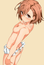  arm_at_side ass bare_arms bare_shoulders bikini bikini_skirt breasts brown_eyes brown_hair butt_crack closed_mouth from_side hair_ornament hairclip hand_on_own_chest hatakenaka_(kamagabuchi) looking_at_viewer looking_to_the_side misaka_mikoto nipples orange_ribbon ribbon short_hair shoulder_blades simple_background small_breasts smile striped_bikini striped_clothes swimsuit thighs third-party_edit toaru_kagaku_no_railgun toaru_majutsu_no_index topless yellow_background  rating:Questionable score:68 user:a123b456