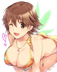  1girl ;d bent_over bikini breasts brown_eyes brown_hair cleavage hair_between_eyes heart highres honda_mio idolmaster idolmaster_cinderella_girls jewelry large_breasts looking_at_viewer matching_hair/eyes necklace one_eye_closed open_mouth orange_bikini paopao short_hair simple_background smile solo star_(symbol) star_necklace swimsuit twitter_username wink  rating:Sensitive score:23 user:Zure