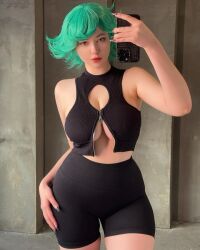 1girl alina_becker cosplay female_focus green_hair highres indoors non_nude one-punch_man photo_(medium) selfie solo sourced tatsumaki tatsumaki_(cosplay)
