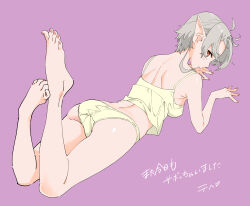  1girl ass barefoot brown_eyes camisole elf full_body grey_hair hashiguchi_takashi highres looking_at_viewer looking_back lying mushoku_tensei on_stomach panties pointy_ears purple_background short_hair simple_background solo sylphiette_(mushoku_tensei) the_pose toes underwear 