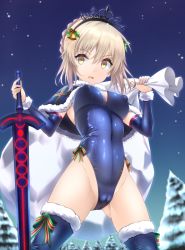 10t 1girl alternate_costume arm_warmers artoria_pendragon_(all) artoria_pendragon_(fate) bell black_leotard black_thighhighs cameltoe capelet cowboy_shot excalibur_morgan_(fate) fate/grand_order fate/stay_night fate_(series) leotard looking_at_viewer night night_sky pine_tree playboy_bunny saber_alter sack sky solo standing strapless strapless_leotard thighhighs tiara tree rating:Questionable score:7 user:danbooru