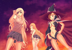  3girls ass bare_arms blonde_hair breasts brown_eyes brown_hair brown_sweater brown_sweater_vest brown_vest cloud cloudy_sky collared_shirt commentary cosplay costume_switch elbow_gloves emblem eyepatch feet_out_of_frame flower from_behind fugaz-san gloves gluteal_fold gradient_sky green_eyes grey_skirt hair_between_eyes hair_flower hair_ornament hairpin hand_up hat highres in-franchise_crossover large_breasts long_hair looking_back medium_breasts medium_hair miniskirt misaka_mikoto misaka_mikoto_(cosplay) multiple_girls navel open_mouth orange_sky othinus othinus_(cosplay) panties pantyshot parted_lips pleated_skirt purple_sky school_emblem school_uniform shirt shokuhou_misaki short_shorts short_sleeves shorts skirt sky sleeveless sleeveless_sweater smile spider_web_print star_(sky) starry_sky stomach summer_uniform sweater sweater_vest teeth thigh_gap thighhighs toaru_kagaku_no_railgun toaru_majutsu_no_index toaru_majutsu_no_index:_new_testament tokiwadai_school_uniform tongue underwear upper_teeth_only very_long_hair vest white_gloves white_panties white_thighhighs witch_hat 