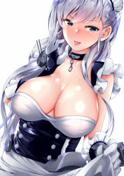 1girl :p amasora_taichi azur_lane belfast_(azur_lane) blue_eyes blush braid breasts chain cleavage clothes_lift collar collarbone corset dutch_angle fellatio_gesture frills gloves half-closed_eyes half_updo hand_up highres large_breasts long_hair looking_at_viewer maid maid_headdress silver_hair simple_background skirt skirt_lift smile solo tongue tongue_out turret upper_body white_background white_gloves rating:Questionable score:30 user:danbooru