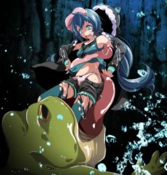 1girl absurdres animal_ears bad_id bad_pixiv_id blouse blue_eyes blue_hair blue_pantyhose blue_shirt coiled dissolving_clothes fake_animal_ears frog green_ponpoko_(module) hair_between_eyes hatsune_miku highres kunoichi_demo_koi_ga_shitai_(vocaloid) long_hair low_twintails open_mouth panties pantyhose pantyhose_under_shorts project_diva_(series) shirt short_shorts shorts sleeveless sleeveless_shirt solo stomach tongue torn_clothes torn_pantyhose tsukishiro_saika twintails unbuttoned underwear very_long_hair vocaloid vore rating:Questionable score:45 user:Dweenie