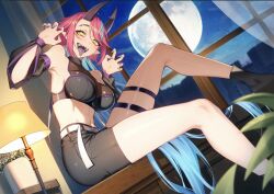  1girl abs belt black_shorts blue_hair breasts claw_pose cluseller colored_tongue detached_sleeves dutch_angle full_moon horns indoors large_breasts long_hair looking_at_viewer moon multicolored_hair navel open_mouth original piercing pink_hair pointy_ears purple_tongue sharp_teeth shorts sitting skindentation solo teeth thigh_strap tongue tongue_out tongue_piercing two-tone_hair white_belt window  rating:Sensitive score:5 user:danbooru
