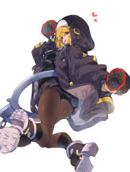  1boy :p absurdres alternate_color arms_up bike_shorts black_footwear black_jacket black_pantyhose black_shirt black_shorts black_skirt blonde_hair bridget_(guilty_gear) dual_wielding fingerless_gloves full_body gloves guilty_gear guilty_gear_strive habit hamayumiba_sou heart highres holding hood hooded_jacket jacket long_sleeves looking_at_viewer looking_back male_focus miniskirt oversized_object pantyhose puffy_long_sleeves puffy_sleeves red_eyes shirt shoes shorts simple_background single_handcuff skirt tongue tongue_out trap white_background yo-yo 
