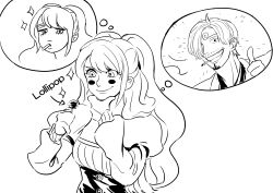 1boy 1girl absurdres blush_stickers breasts candy charlotte_pudding cigarette curly_eyebrows food grin hair_over_one_eye highres lollipop long_hair medium_breasts monochrome mouth_hold one_piece puffy_sleeves rita_ya sanji_(one_piece) short_hair smile thought_bubble thumbs_up twintails