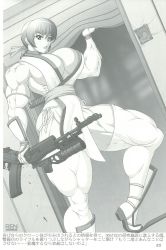 1girl braid breasts broken broken_weapon cleavage dead_or_alive extreme_muscles female_focus gun hair_ribbon highres kasumi_(doa) large_breasts monochrome muscular ren_(tainca2000) ribbon solo thick_thighs thighs thong weapon rating:Sensitive score:9 user:R-998