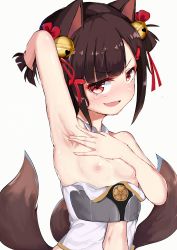  1girl absurdres akagi-chan_(azur_lane) akagi_(azur_lane) animal_ears armpit_crease armpits azur_lane bare_shoulders bell blunt_bangs breasts brown_hair chinese_commentary commentary_request detached_collar fang fox_ears fox_tail hair_bell hair_ornament hair_ribbon hairclip highres kitsune kyuubi loli midriff multiple_tails navel nipples presenting_armpit red_eyes red_ribbon ribbon sakuramon short_hair short_twintails sidelocks simple_background skin_fang small_breasts solo spread_armpit sweat sweatdrop tail trap_(drthumt) twintails white_background  rating:Explicit score:110 user:danbooru