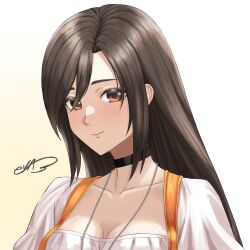  1girl absurdres black_choker breasts brown_eyes brown_hair choker cleavage closed_mouth collarbone evangelin0226 female_focus final_fantasy final_fantasy_ix garnet_til_alexandros_xvii highres jewelry long_hair looking_at_viewer necklace signature smile solo upper_body 