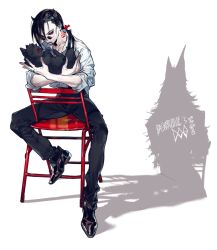  1boy black_footwear black_hair black_pants chair colored_sclera highres holding horns mouth_hold neck_tattoo original pants pigeon666 ponytail red_sclera shadow shirt shoes sitting sitting_backwards solo tattoo werewolf white_background white_shirt wing_collar wolf  rating:Sensitive score:2 user:danbooru