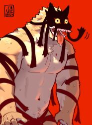  1boy bara black_mask black_stripes blood blood_from_mouth blood_on_chest colored_sclera constricted_pupils dated dream_tiger_(govy9807) drooling furry furry_male highres jeck_(2184521) male_focus motion_lines muscular muscular_male navel nipples nude open_mouth orange_fur orange_sclera original red_background sharp_teeth signature simple_background solo sweat teeth thick_navel_hair three_quarter_view tongue tongue_out topless_male two-tone_fur upper_body waving 