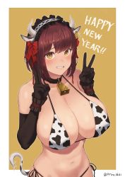  1girl absurdres animal_ears animal_print baanin beige_background bell belt_collar bikini black_gloves blush breasts brown_hair chinese_zodiac cleavage collar copyright_request covered_erect_nipples cow_ears cow_girl cow_horns cow_print cow_tail cowbell curvy dot_nose double_v ear_tag elbow_gloves gloves grin highres horns large_breasts navel neck_bell nervous p_shiki print_bikini red_ribbon ribbon side-tie_bikini_bottom sidelocks skindentation smile solo solo_focus standing sweat swimsuit tail upper_body v wrist_cuffs year_of_the_ox yellow_eyes 