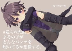 1boy black_footwear black_hair blush boots bulge character_request crossdressing dutch_angle grey_background looking_at_viewer male_focus panties pantyhose pocchipocchi purple_eyes shota simple_background solo twitter_username underwear rating:Questionable score:22 user:Dweenie