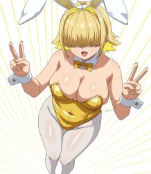  1girl animal_ears blonde_hair bow bowtie breasts commentary elegg_(nikke) english_commentary fake_animal_ears goddess_of_victory:_nikke hair_over_eyes highres large_breasts leotard nalathorm open_mouth pantyhose playboy_bunny rabbit_ears short_hair simple_background solo v white_pantyhose wrist_cuffs yellow_bow yellow_bowtie yellow_leotard 