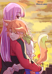  2girls absurdres animal_ears arm_over_shoulder blush breasts cat_ears cat_tail closed_eyes couple earrings feather_earrings feathers fluffy_hair gradient_hair head_on_another&#039;s_shoulder highres hololive hololive_english jewelry long_hair looking_at_viewer mori_calliope mori_calliope_(streetwear) multicolored_hair multiple_girls official_alternate_costume orange_hair pink_hair red_eyes shirt smile tail takanashi_kiara takanashi_kiara_(casual) virtual_youtuber xu_chin-wen yuri 
