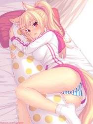 1girl animal_ear_fluff animal_ears arm_up ass bed blonde_hair blush body_pillow breasts cameltoe cat_ears commentary english_commentary fang high_ponytail highres hood hood_down hoodie hugging_object large_breasts long_hair long_sleeves looking_at_viewer lying no_pants no_shoes nottytiffy on_bed on_side original panties parted_lips pillow pillow_hug ponytail red_eyes slit_pupils smile socks solo striped_clothes striped_panties tiffy_(nottytiffy) underwear watermark web_address white_hoodie white_socks rating:Questionable score:71 user:danbooru
