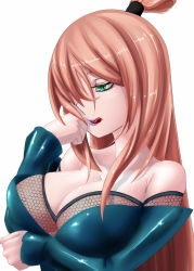  1girl bare_shoulders breasts brown_hair cleavage fishnet_top fishnets gamma_ray_burst green_eyes hair_over_one_eye large_breasts licking_lips lipstick long_hair makeup naruto_(series) naruto_shippuuden solo terumi_mei tongue tongue_out upper_body  rating:Questionable score:91 user:danbooru