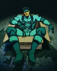  1boy absurdres bara bear beard_stubble boots box dark facial_hair formal gloves headband highres in_box in_container leather leather_belt looking_at_viewer male_focus manly mature_male metal_gear_(series) metal_gear_solid miles_mandel muscular muscular_male pectorals solid_snake solo spandex spiked_hair spotlight spread_legs stubble suit thick_arms thick_thighs thighs tight_clothes 