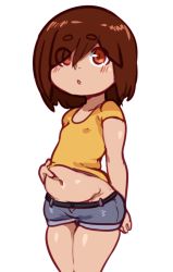 1girl :o belly belly_grab blush brown_hair child cowboy_shot lightsource looking_at_viewer midriff navel open_mouth original plump purin_(lightsource) red_eyes shiny_skin shorts simple_background solo standing white_background rating:Sensitive score:91 user:Domestic_Importer