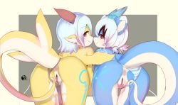 2girls anus artist_name ass bent_over bikini bikini_bottom_aside blue_skin clitoris clothing_aside colored_skin costom10 from_behind furry highres horns looking_back multiple_girls original prehensile_tail pussy short_hair short_twintails smile swimsuit tail take_your_pick thigh_gap twintails uncensored urethra white_hair wings yellow_skin rating:Explicit score:72 user:Dweenie