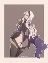  1girl alternate_color alternate_costume alternate_hair_color aoimisaka armor artist_name ass bare_shoulders black_armor black_hairband black_panties black_thighhighs butt_crack cape corrin_(female)_(fire_emblem) corrin_(female)_(fire_emblem)_(cosplay) corrin_(fire_emblem) cosplay curvy detached_sleeves female_focus fire_emblem fire_emblem_fates fire_emblem_heroes frill_trim frills from_behind from_below garter_straps gauntlets greaves grey_background grey_eyes grey_hair hairband huge_ass leotard long_hair looking_at_viewer looking_back looking_down nintendo panties pointy_ears rhajat_(fire_emblem) sidelocks sleeveless solo standing thick_thighs thighhighs thighs torn_cape torn_clothes two-tone_background underwear white_hair  rating:Questionable score:17 user:Corivas