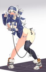 10s 1girl ainu_clothes bandana black_thighhighs blue_eyes blush bottomless chain female_pubic_hair folded_ponytail headband kamoi_(kancolle) kantai_collection long_hair long_sleeves pubic_hair pussy_juice pussy_juice_puddle sidelocks solo thick_eyebrows thighhighs tun white_hair wrist_guards rating:Explicit score:17 user:danbooru