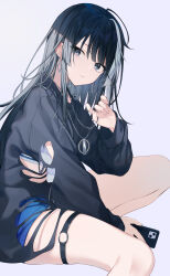  1girl absurdres bare_legs between_legs black_eyes black_hair black_shirt blue_shorts closed_mouth earrings hand_between_legs hand_up highres holding holding_phone hoshino_ichika_(project_sekai) jewelry long_hair long_shirt long_sleeves looking_at_viewer multicolored_hair necklace phone project_sekai shirt short_shorts shorts sidelocks simple_background sitting solo streaked_hair thigh_strap thighs timmoo torn_clothes torn_shirt undershirt uneven_eyes white_background white_shirt 