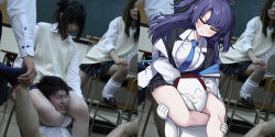  2boys 3girls absurdres between_thighs blue_archive blue_necktie classroom crossed_legs doodle_sensei_(blue_archive) halo head_between_thighs highres jacket jacket_partially_removed metaljelly multiple_boys multiple_girls necktie photo-referenced photo_background purple_hair scissorhold sensei_(blue_archive) thighs triangle_hair_ornament two_side_up yuuka_(blue_archive) 