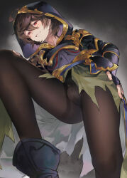 ahoge blush brown_hair brown_pantyhose commentary endend_(shinia) fingerless_gloves from_below gloves granblue_fantasy grey_background groin hair_between_eyes hand_on_own_hip hood hood_up knee_up looking_at_viewer looking_down male_focus pantyhose red_eyes sandalphon_(granblue_fantasy) short_hair signature smirk smug solo standing steaming_body trap upskirt rating:Questionable score:28 user:danbooru
