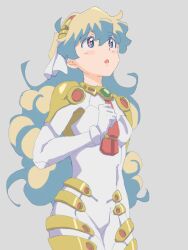  +_+ 1girl :o blonde_hair blue_eyes blue_hair bodysuit clenched_hand commentary_request cowboy_shot hair_between_eyes hair_ribbon long_hair looking_up multicolored_hair nia_teppelin open_mouth pink_bodysuit ribbon snorc solo symbol-shaped_pupils tengen_toppa_gurren_lagann two-tone_hair wavy_hair white_ribbon 